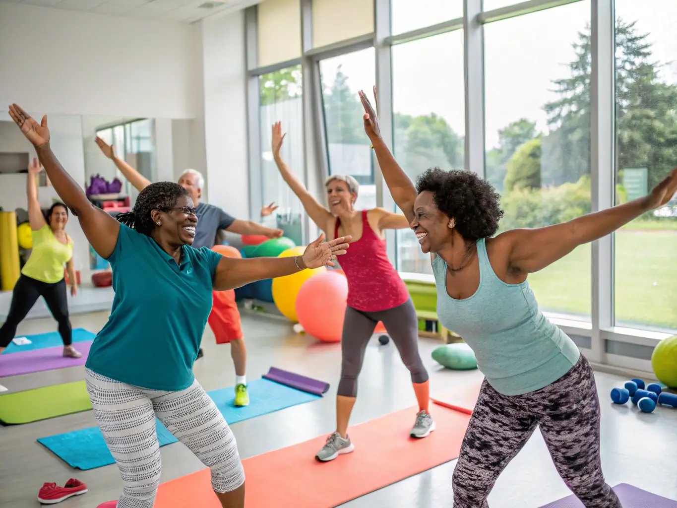 An energetic image of adults participating in a fitness class at AMICALE LAIQUE, highlighting the promotion of health and wellness.