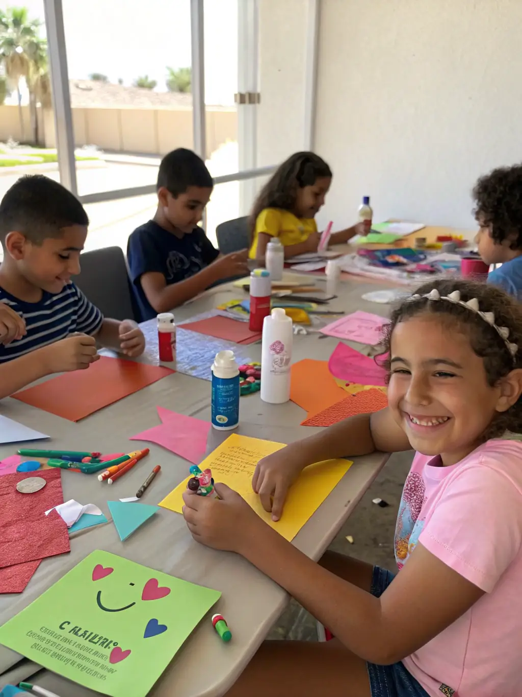 A photo of children participating in an arts and crafts session during a summer camp at AMICALE LAIQUE DE SAINT GERMAIN DES FOSS, highlighting the club's diverse range of activities.