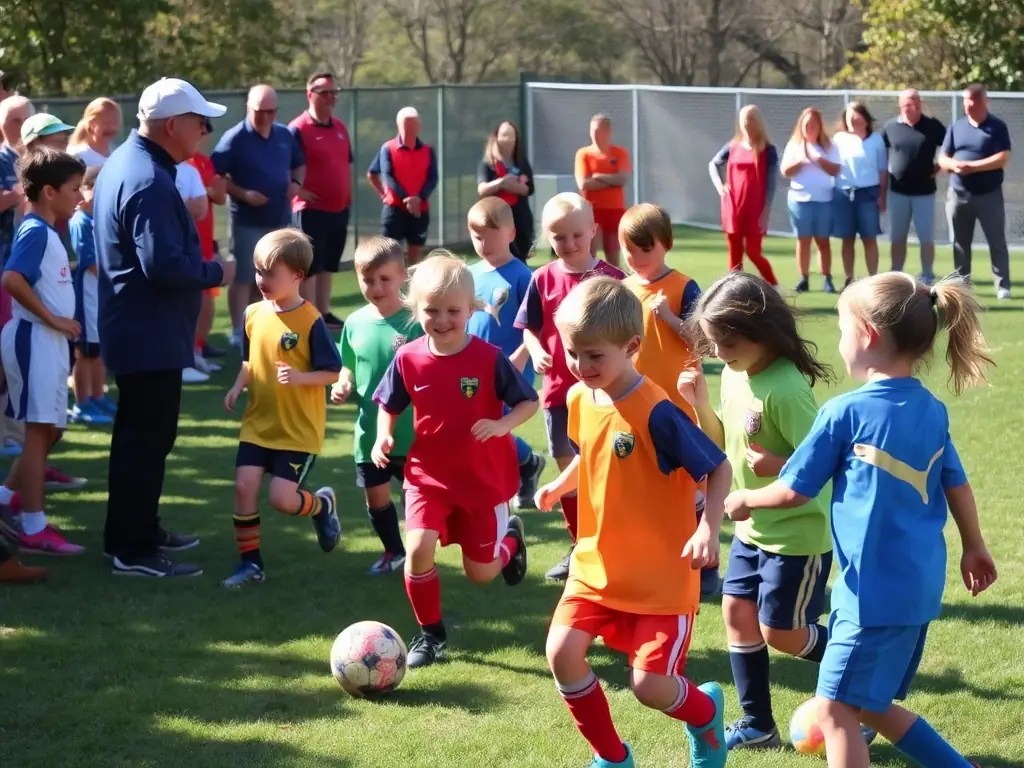 A vibrant image of children participating in a soccer game during an AMICALE LAIQUE program, showcasing teamwork and active engagement.