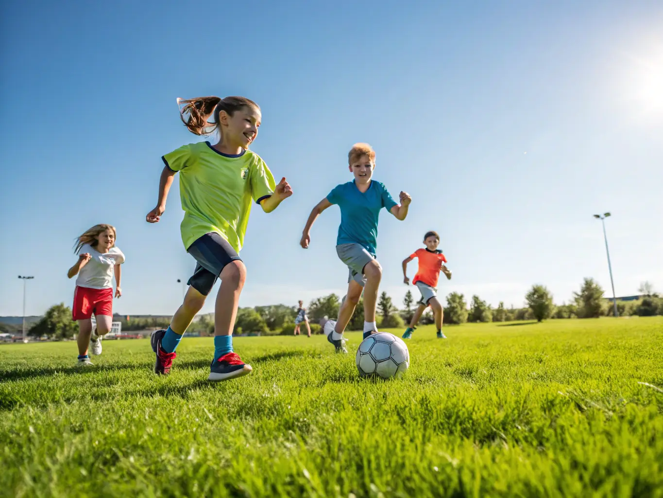 A dynamic image showcasing children and adults participating in a soccer game at AMICALE LAIQUE DE SAINT GERMAIN DES FOSS, with bright sunlight and cheerful expressions, emphasizing teamwork and active engagement.