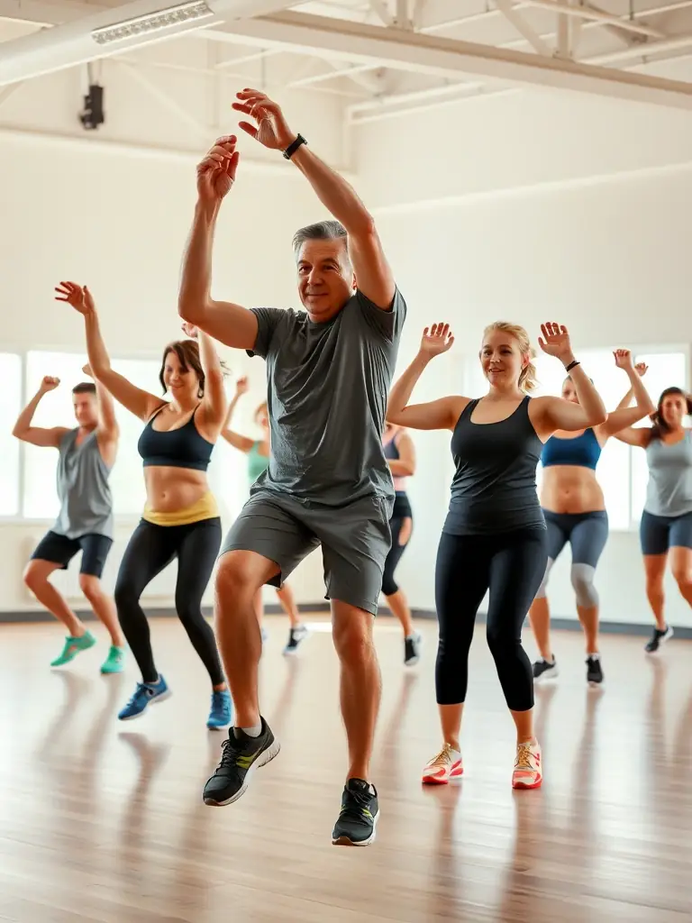 A diverse group of adults participating in a fitness class at AMICALE LAIQUE DE SAINT GERMAIN DES FOSS, demonstrating the club's commitment to health and wellness for all ages.