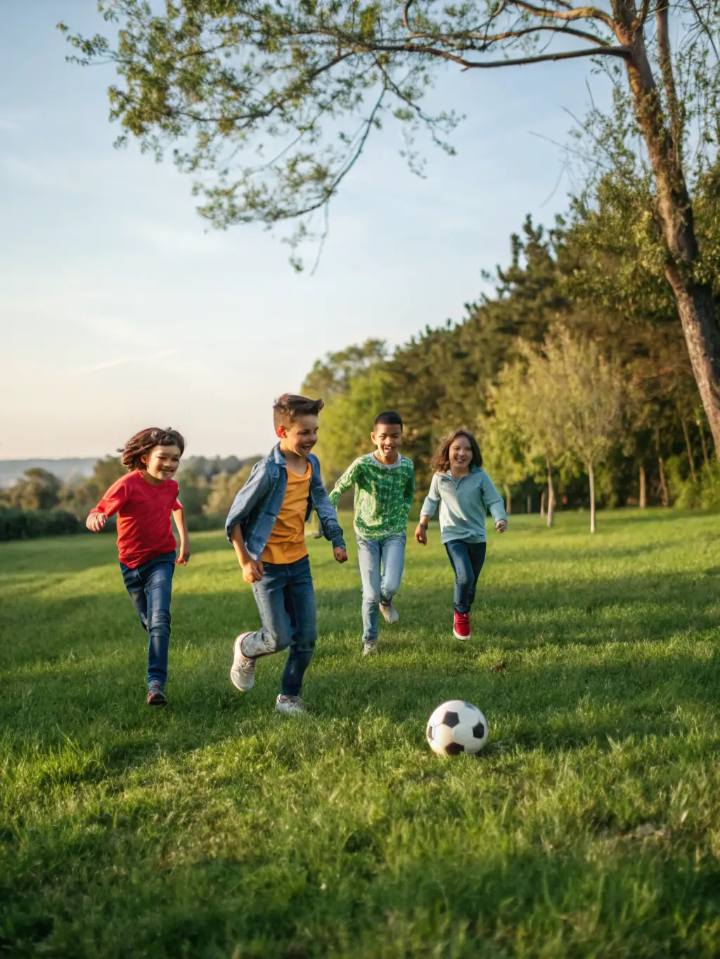 A group of children laughing and playing soccer together during a sunny afternoon at AMICALE LAIQUE DE SAINT GERMAIN DES FOSS, showcasing the fun and camaraderie of the club's sports programs.