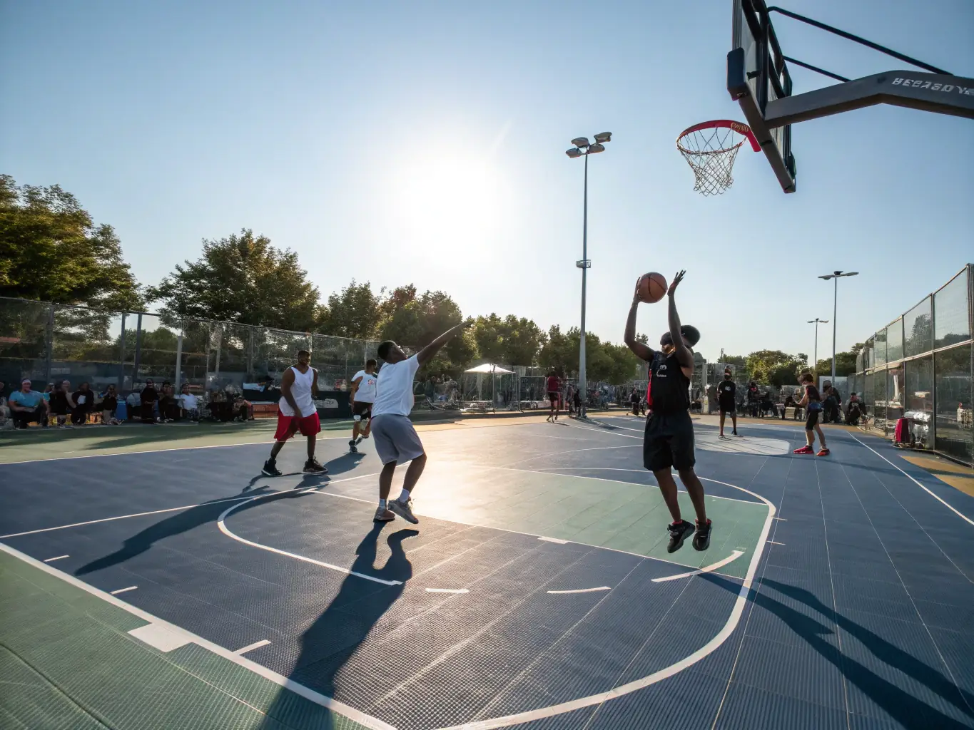 A photograph of a group of adults participating in a basketball game at the club, showcasing the energy and camaraderie of the sport, with the club's logo subtly visible in the background.