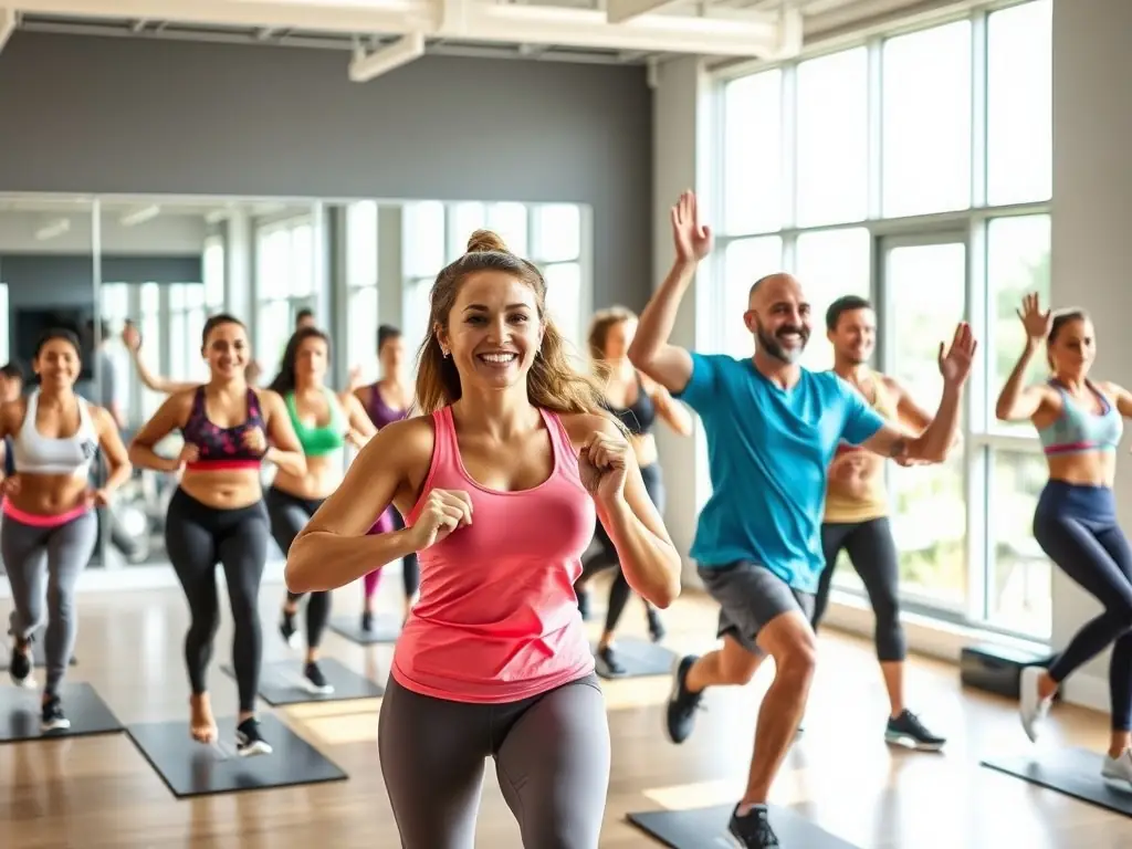 A vibrant image of a fitness class in session at AMICALE LAIQUE DE SAINT GERMAIN DES FOSS, featuring participants of various ages and fitness levels, all smiling and engaged in the workout, highlighting the inclusive and supportive environment.